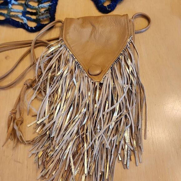 Handmade crochet knit blue open sweater women's size S/M with tan crossbody - Picture 7 of 9